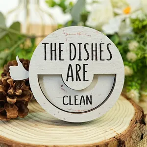 Wooden dishwasher sign detail view, vintage rustic finish, creative magnetic flip status board.
