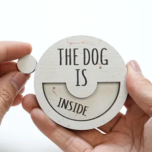 Wooden magnetic dog status sign detail view, rotating pet reminder sign for home decor.