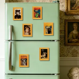 3D wooden photo frame fridge magnets featuring funny animal art parodies, ideal home decor.