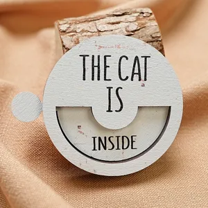 Wooden rotating cat status sign, interactive pet reminder plaque with clear text for home decor.