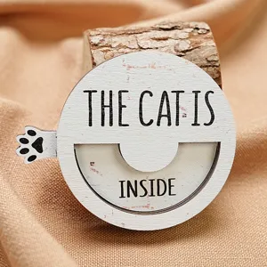 Wooden magnetic pet status sign, cute cat indoor reminder rotating message board for home decor.