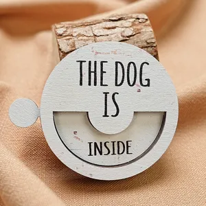 Wooden magnetic pet status sign detail shot, rotatable design with engraved text, home decor.