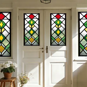 Stained glass window film with geometric colorful pattern, ideal for home glass door decor.