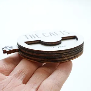 Wooden magnetic rotating pet status sign detail, cute cat reminder badge for home decor.