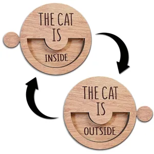 Detail view of wooden magnetic pet status sign featuring rotatable cat inside and outside design.