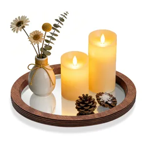 Ensemble de plateau à bougies miroir en bois avec bougies LED, vase et pommes de pin.