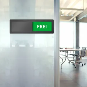 Office door status indicator sign, acrylic magnetic sliding sign detail showing FREI green.
