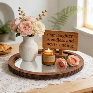 Vue détaillée d'un plateau miroir rond en bois décoré avec une bougie et des fleurs.