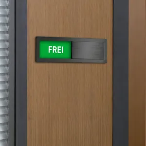Office door status sign slider detail, acrylic sliding occupied vacant sign indicator plate.