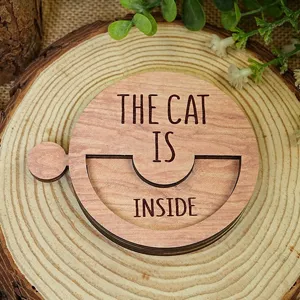 Wooden magnetic pet status sign detail view, cat reminder sign, rustic home decor.