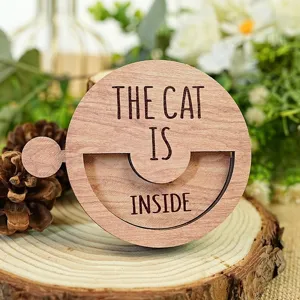 Wooden cat status reminder sign detail, magnetic rotating pet indicator for home decor.