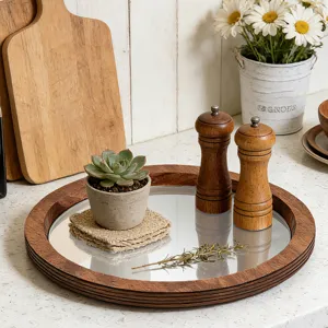 Plateau décoratif en bois avec miroir pour la maison, centre de table rond rustique chic.