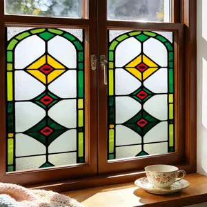 Detail view of stained glass window film, vintage geometric privacy sticker for home decor.
