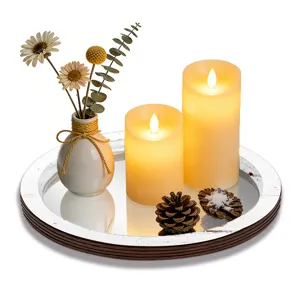Plateau miroir en bois décoratif avec bougies LED et vase de fleurs séchées pour déco.