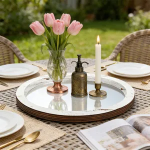 Plateau miroir en bois pour deco interieure, centre de table decoratif pour fetes et mariages