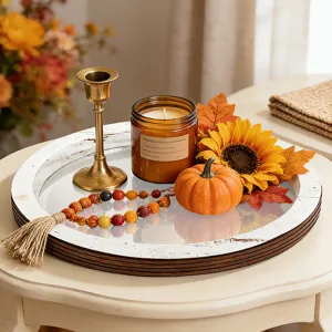 Plateau décoratif rond en bois miroir avec bougie et tournesol d'automne pour décoration de table.