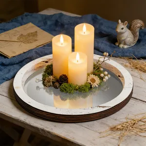 Ensemble de plateau de bougie miroir en bois rustique avec bougies LED pour déco