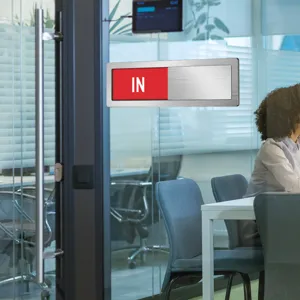 Acrylic magnetic status indicator sign for office door, conference room privacy slider.
