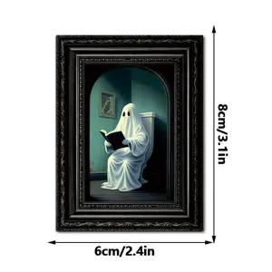 Detailed close-up view of the Halloween ghost reading book wooden fridge magnet photo frame.