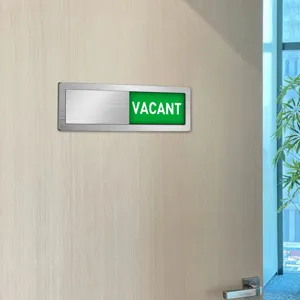 Office acrylic sliding door sign detail, green vacant indicator status badge for workplace meeting.