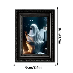 Halloween ghost fridge magnet with black vintage wooden photo frame, funny magnetic home decor.