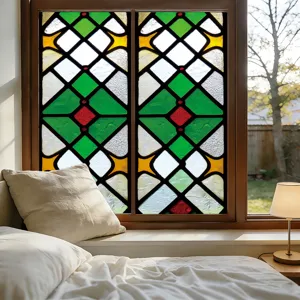 Close up of geometric stained glass window film in bedroom, decorative glass sticker detail