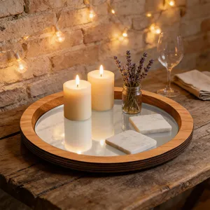 Plateau miroir en bois rond centre de table décoratif pour bougies et décoration de fête