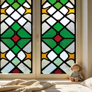 Stained glass window film with geometric grid pattern, static cling glass sticker for home decor.