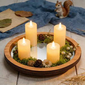 Plateau de bougie miroir en bois avec bougies LED mousse et pommes de pin pour decoration