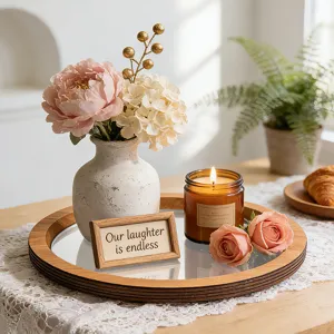 Détail de plateau décoratif miroir en bois, élégant accessoire de table pour intérieur.