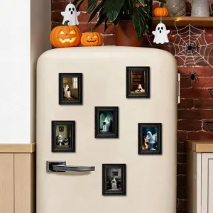 Halloween ghost refrigerator magnet detail view, miniature wood picture frame style holiday decor.