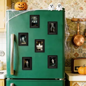 Halloween wooden picture frame fridge magnets, spooky ghost magnetic stickers for kitchen decor.