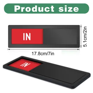 Acrylic office status slide sign detail view showing dimensions and red indicator.