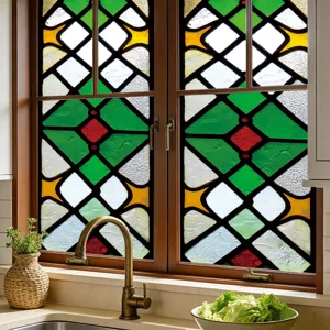 Detailed view of stained glass window film with geometric green red yellow pattern for home decor.