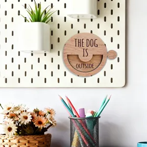 Wooden magnetic pet status door sign detail view, hanging decor accessory for home decor and pets.