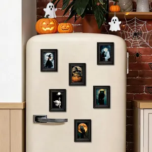 Halloween Holz Bilderrahmen Kühlschrankmagnet Set, Vintage magnetischer Aufkleber KüchenDeko.
