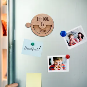 Wooden magnetic pet status sign for refrigerator, funny dog reminder slider decoration.