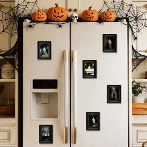 Halloween ghost picture frame fridge magnets kitchen scene detail showing spooky miniature art decor.