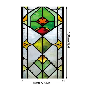 Close up of decorative stained glass window film, static cling glass sticker with geometric design.