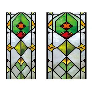 Stained glass window film detail showing geometric pattern with vibrant green and red accents.