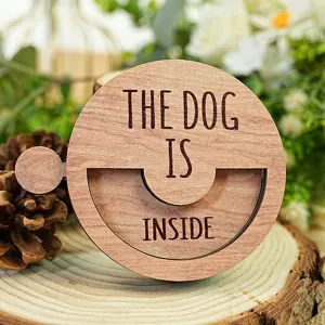 Wooden magnetic pet status sign, rotating dog inside reminder board for home decor.