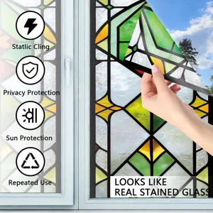 Static cling stained glass window film, decorative privacy sticker for home and office decor.