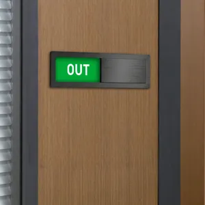 Office door status indicator sign, acrylic magnetic sliding sign detail view for rooms.