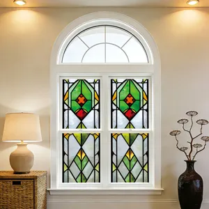 Decorative window film with geometric stained glass pattern, ideal for home privacy and glass decor.