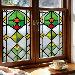 Detail view of stained glass window film geometric pattern decorative glass sticker home decor