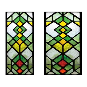 Detail view of stained glass window film, geometric pattern art decor sticker for home glass.