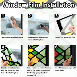 Detail view showing step-by-step installation guide for decorative window film glass sticker.