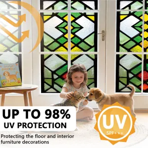 Detail view of stained glass window film showing UV protection, colorful geometric pattern.