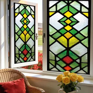 Stained glass window film with geometric pattern, static cling glass sticker for home decor detail.