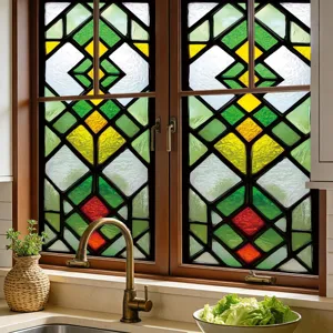 Detailed view of stained glass window film with geometric pattern for home window decor.
